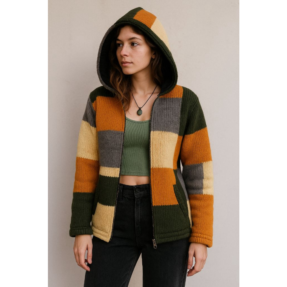 Handmade Wool Patchwork Knit Hoodie Jacket Lined Made in Nepal